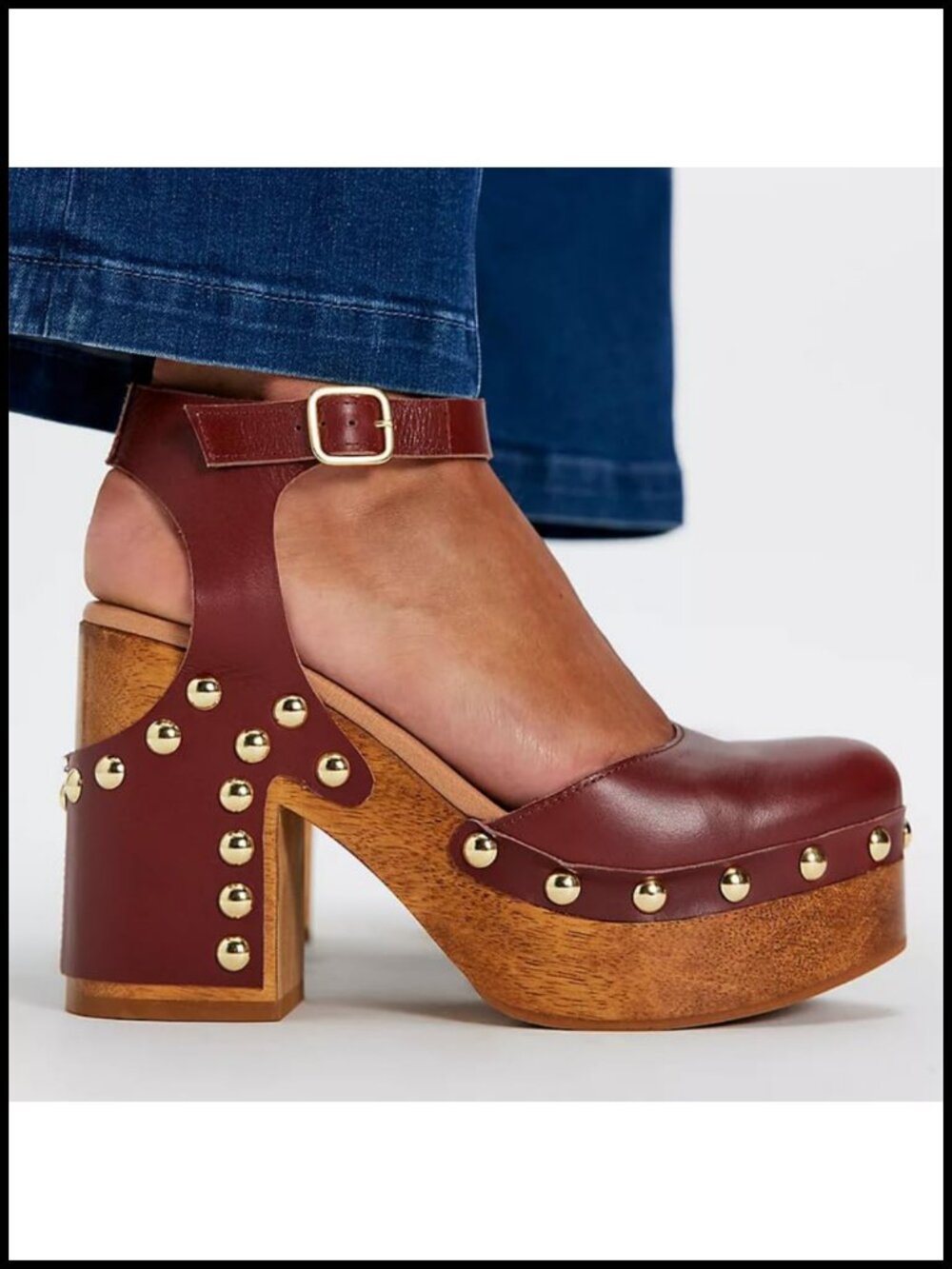 Studded Platform Clogs for Women - Chunky Heel Ankle Strap Closed Toe Leather - Picture 2 of 6